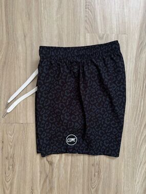 Cove Men's Black Leopard-Print Athletic Shorts with White Drawstring